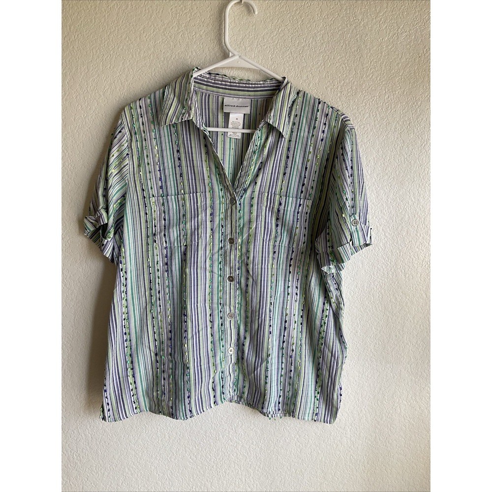 Alfred Dunner Button Up Top Blouse Striped Blue Size Small Short Sleeve Roll Tab